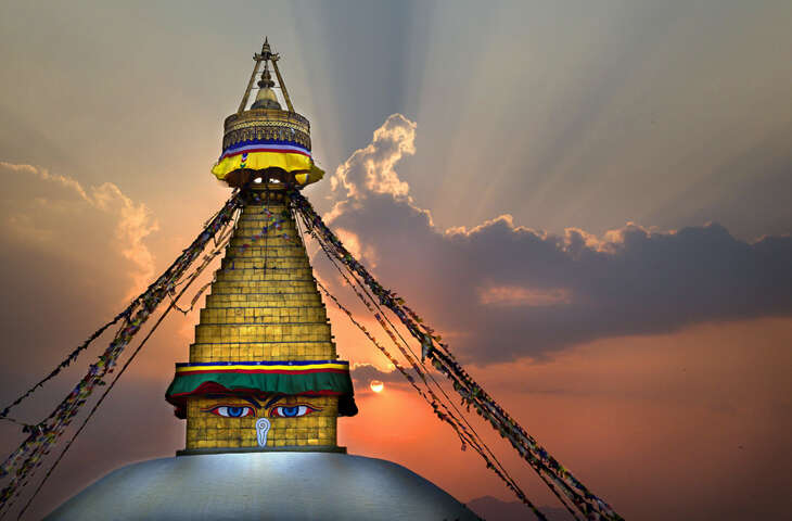 Boudhanath Stupa at sunset in Kathmandu