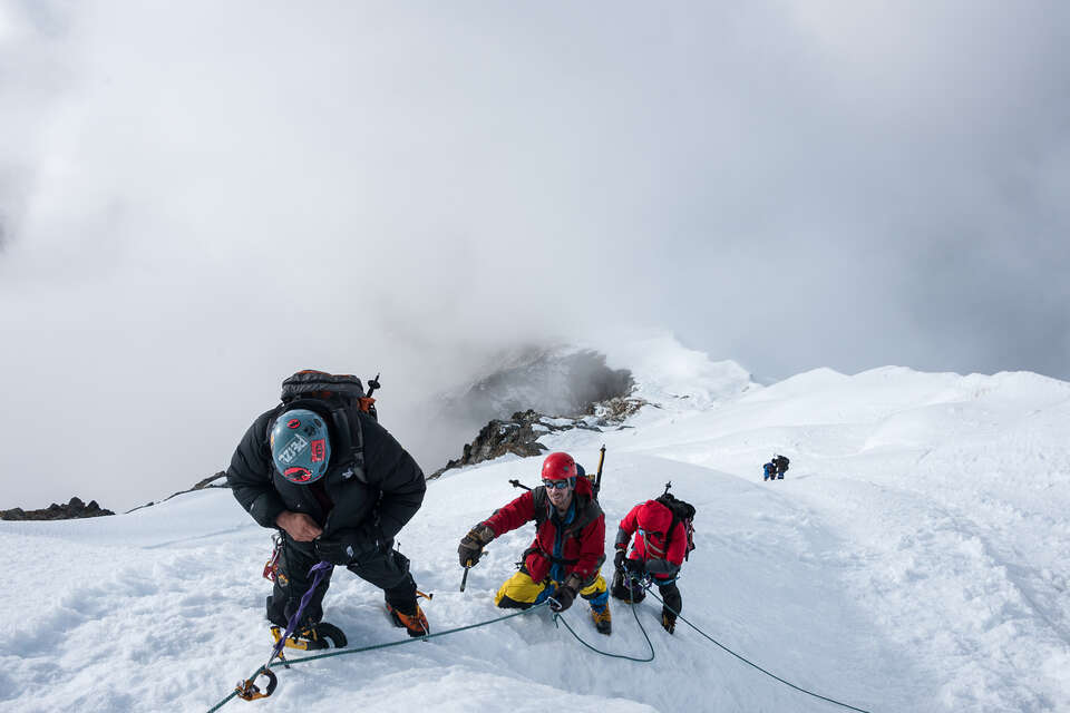 Climbers on the way to the summit of Lobuche East in the Everest region