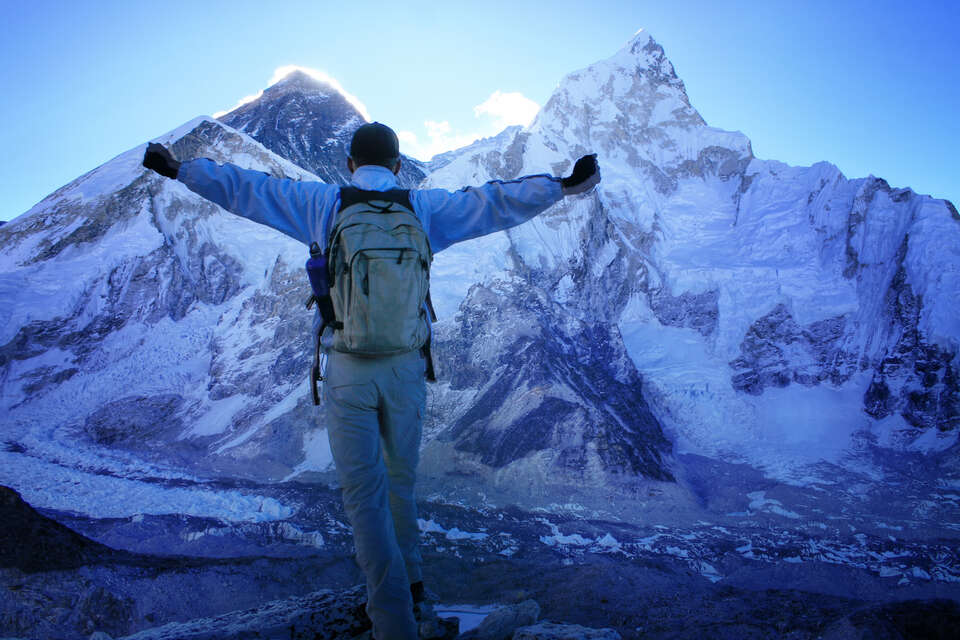 Mount Everest and Nuptse just before sunrise seen from Kala Patthar